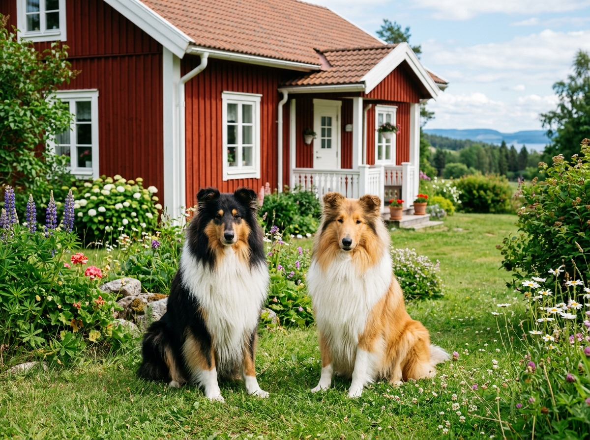 Carstens två lugna collies Becks och Sassie framför ett rött svenskt trähus